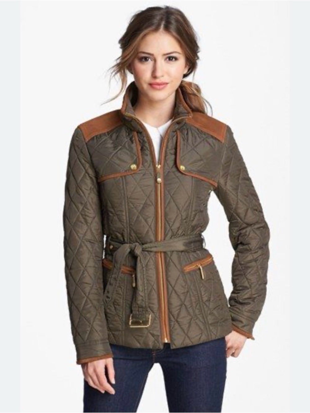 Vince Camuto Olive Green Quilted Belted Equestrian Jacket – XS